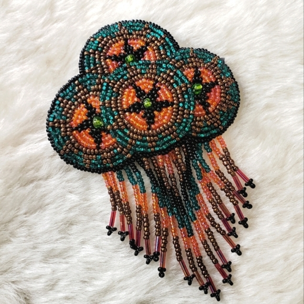 HANDMADE Beaded Quadruple Medallion Barrette with Fringe Teal